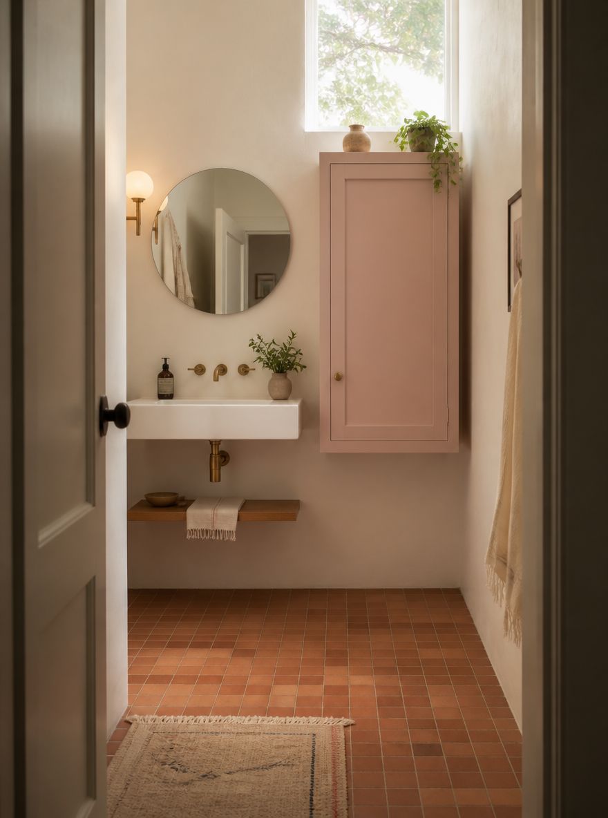 Pale pink wall cabinet beside round frameless mirror