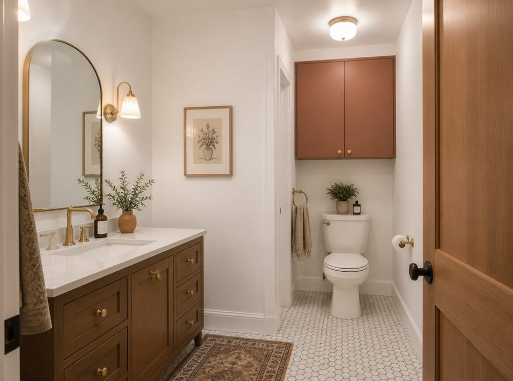 Terracotta cabinet above toilet replacing open shelves