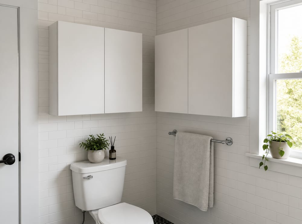 L-shaped wall cabinet configuration on adjacent walls