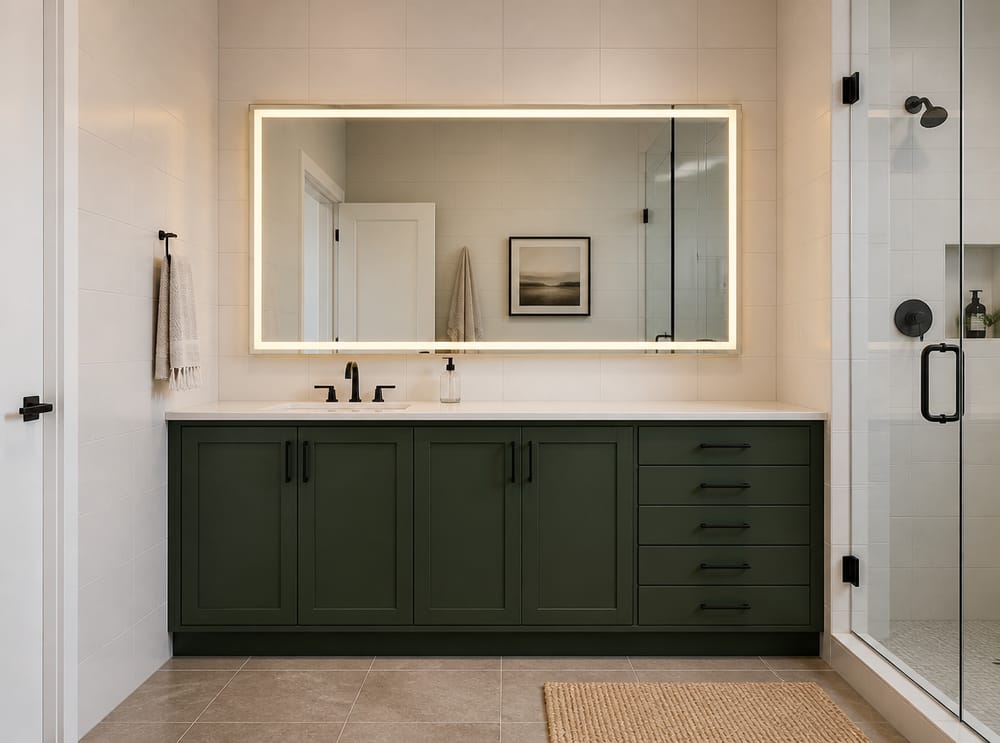Forest green vanity with mixed drawers and cabinet doors