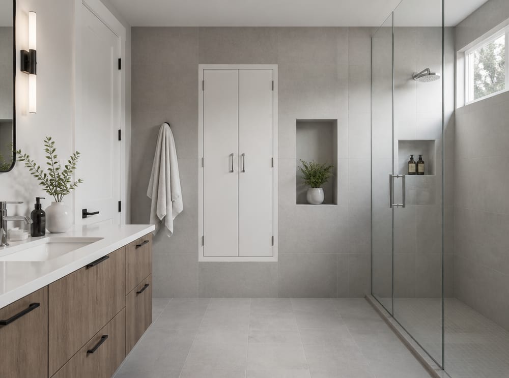 Semi-recessed cabinet built flush into shower wall