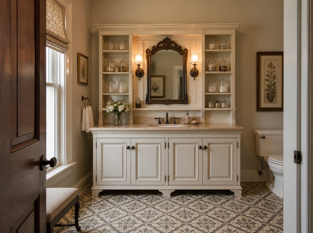 Hutch-style vanity with open shelves and apothecary jars