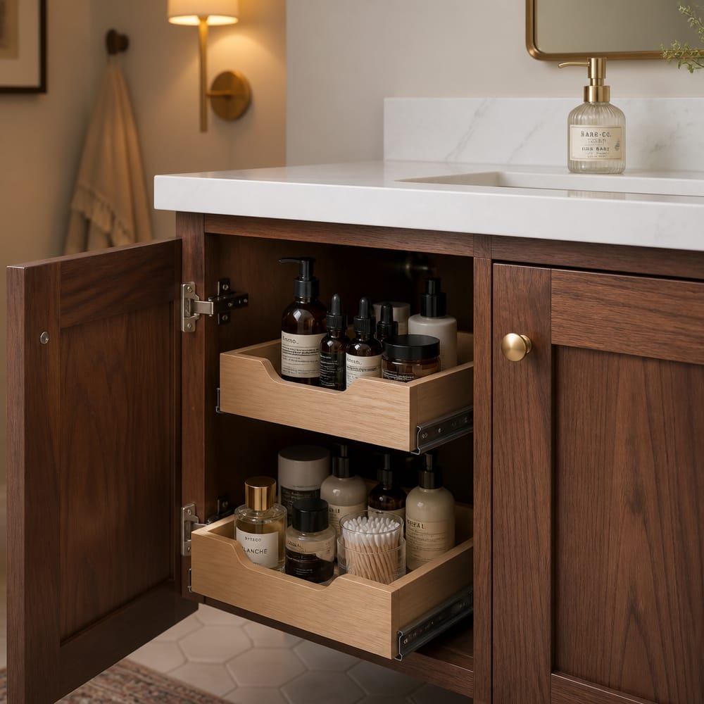 Pull-out organizer tray inside walnut vanity cabinet