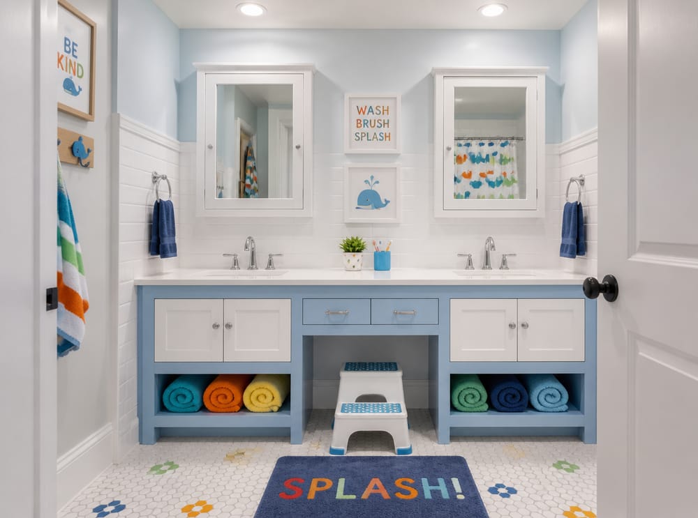 Low blue vanity with mirrored wall cabinets for kids