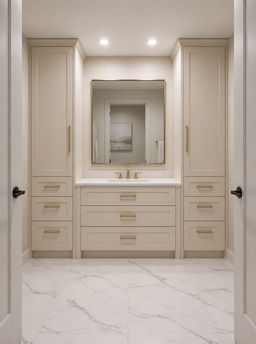 Symmetrical cream vanity flanked by matching linen towers