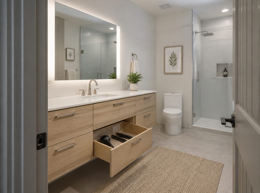 Vanity drawer with integrated outlet for appliance storage