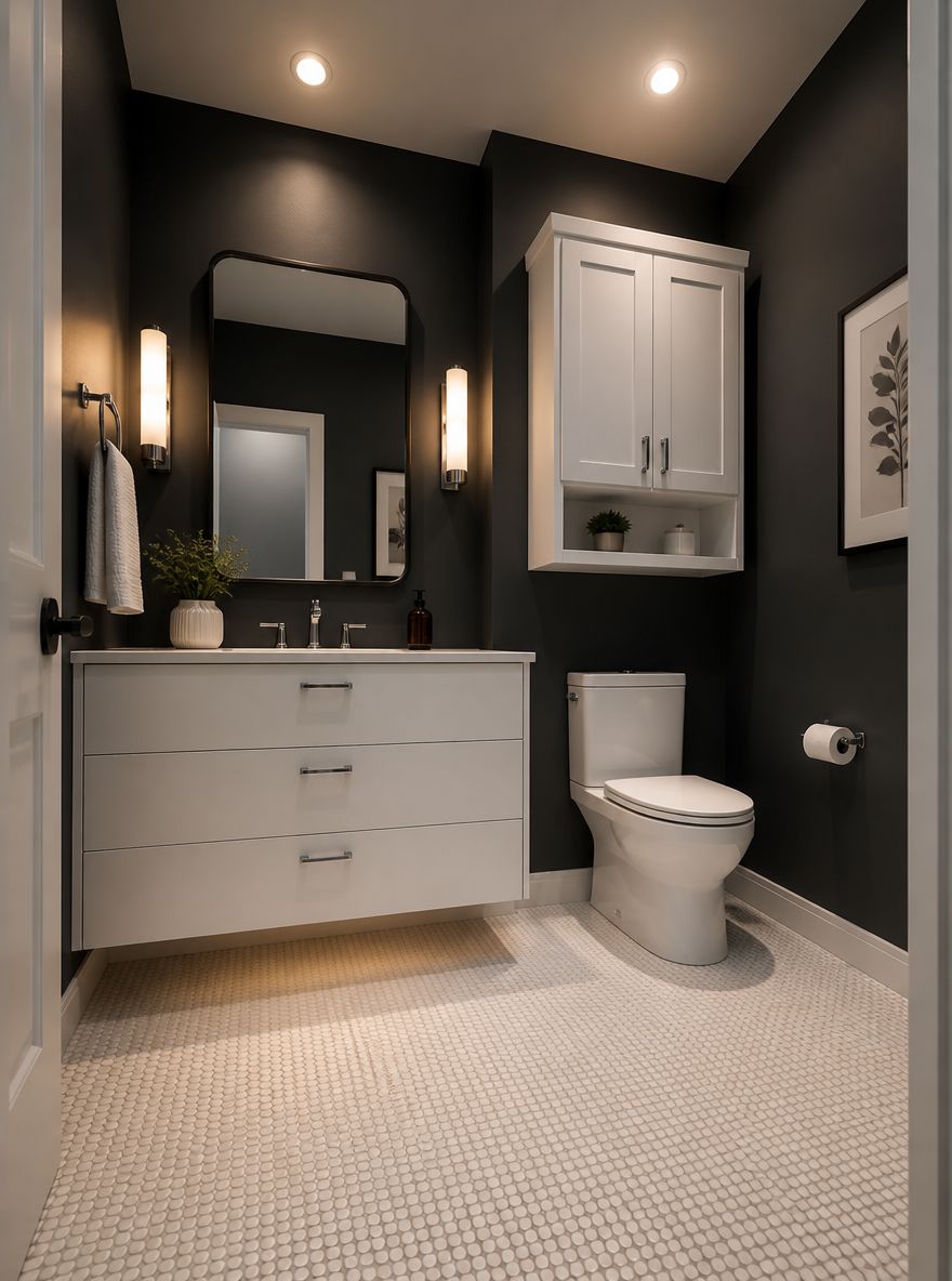 White cabinets contrast against dark charcoal walls