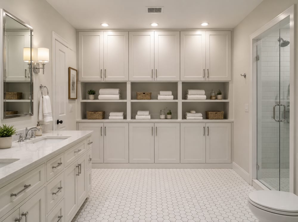 Floor-to-ceiling built-in wall mixing open and closed storage