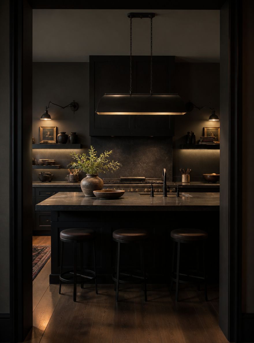 Apliques y lámpara colgante en capas en cocina oscura y elegante