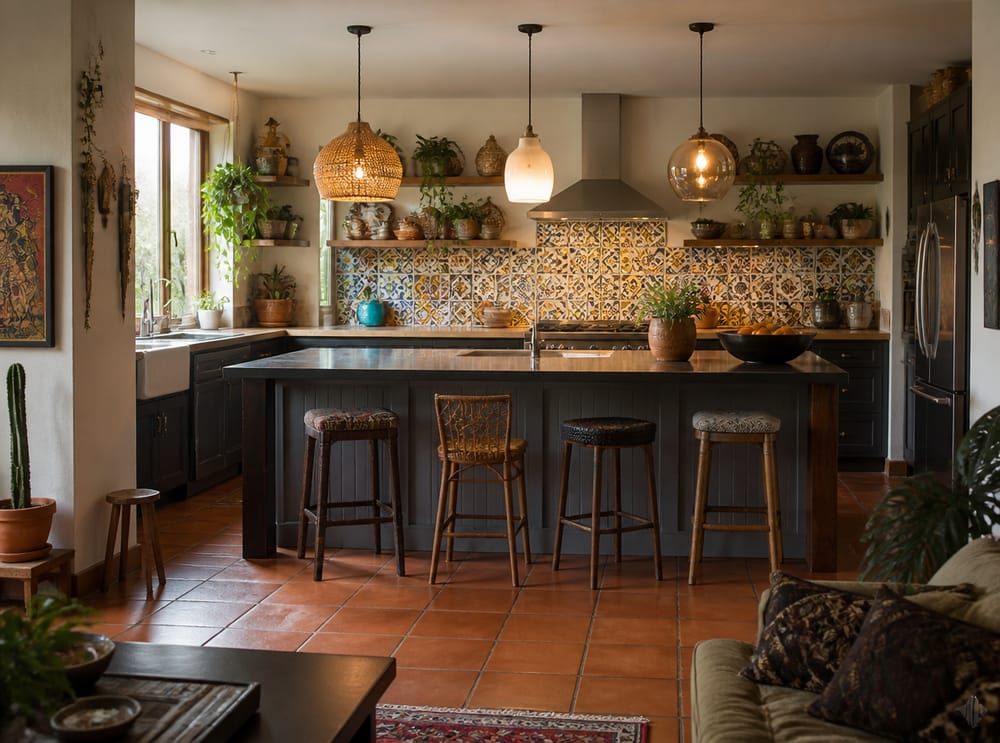 Trío de lámparas colgantes desparejadas sobre cocina con salpicadero mosaico