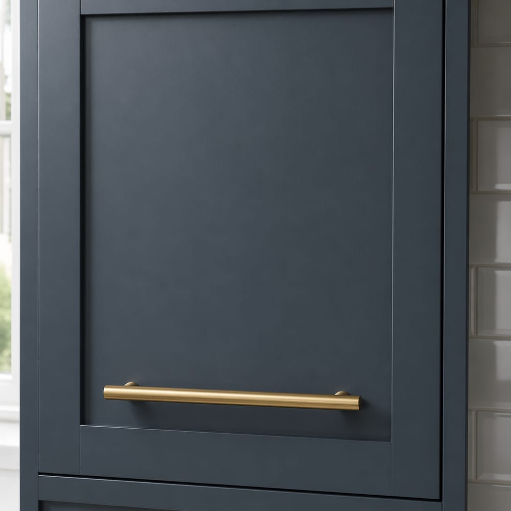 Barra de oro cepillado centrada en puerta shaker azul pizarra