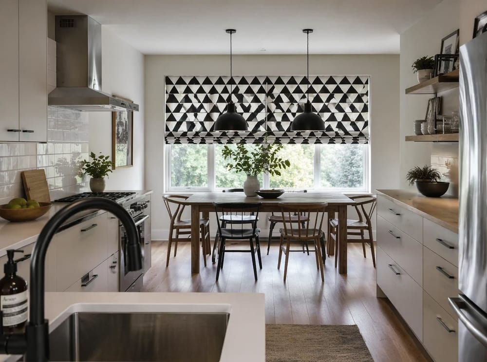 Estores romanos con estampado geométrico en ventana del comedor