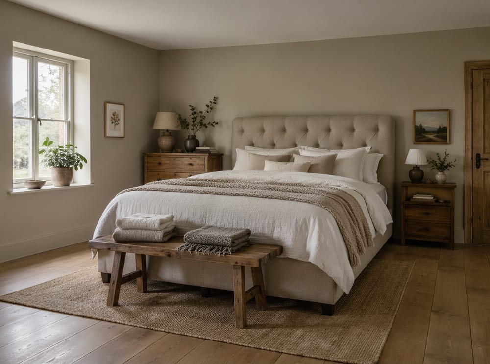 Cama tapizada de lino capitoné en habitación gris cálido