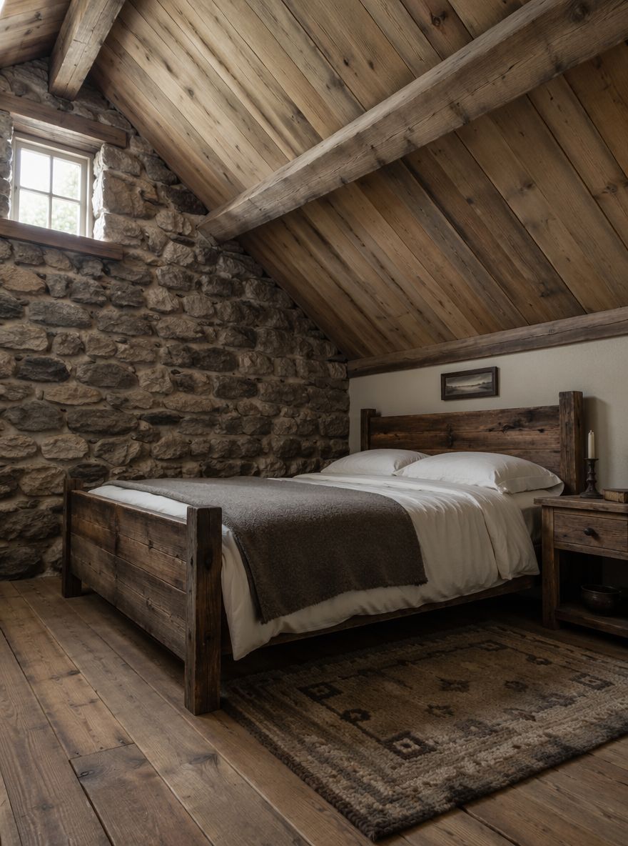Cama recuperada bajo techo inclinado de pino rústico