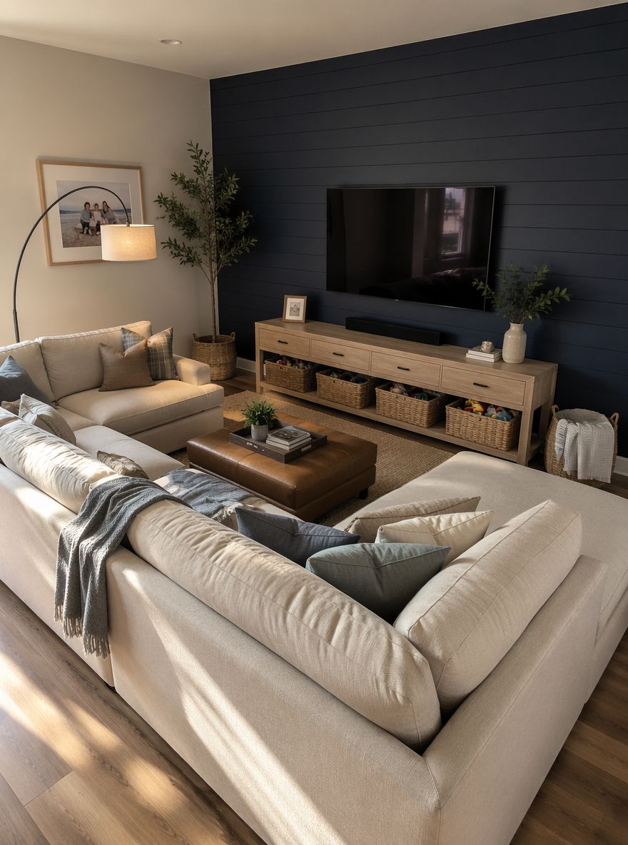 Navy shiplap wall wraps TV in textured depth