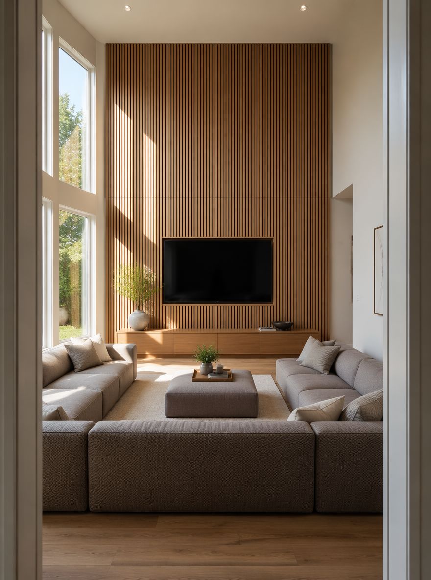 Oak slat panel absorbs TV into vertical texture
