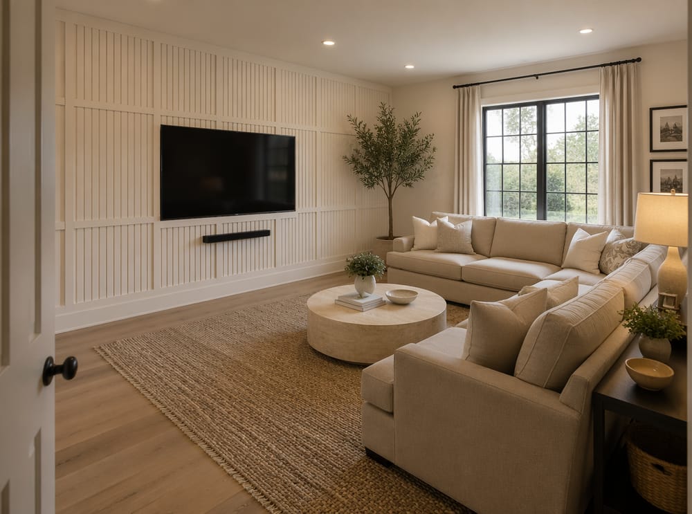 Vertical batten paneling integrates TV into wall grid