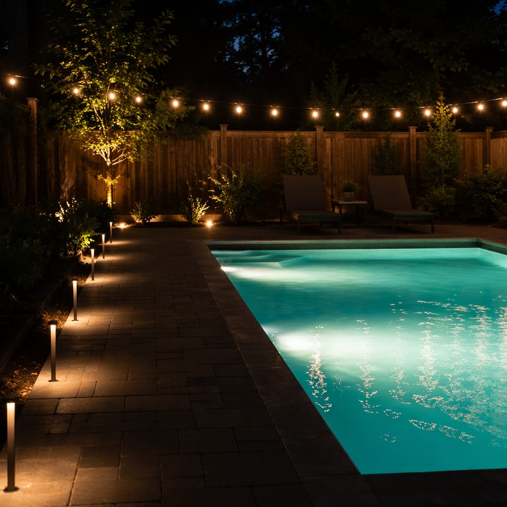 Piscina illuminata di notte con luci a filo sfera sullo sfondo