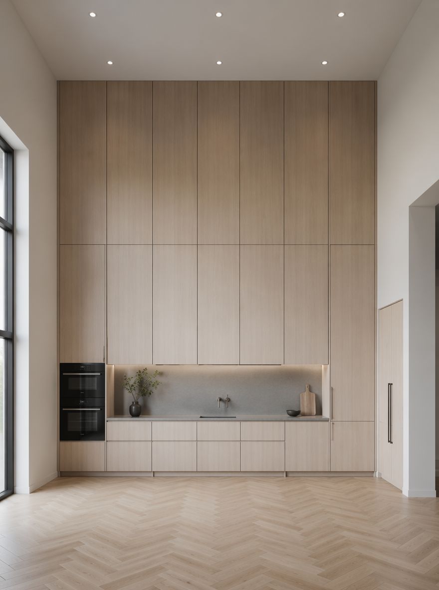Superficie fina Dekton bajo gabinetes de madera de piso a techo