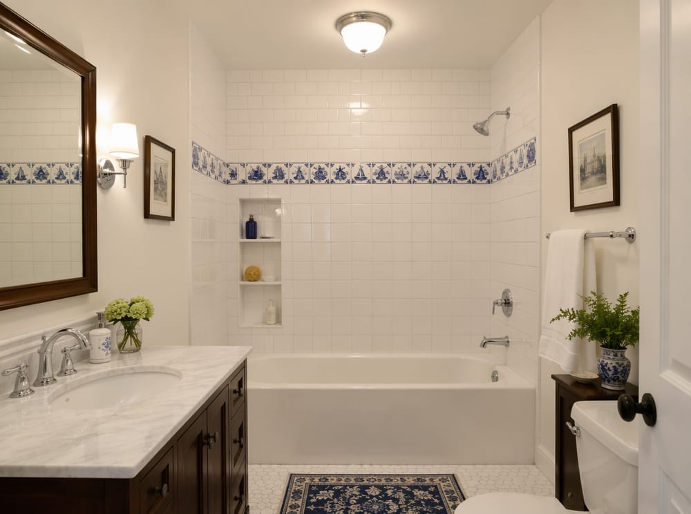 Revestimiento de azulejo blanco, banda de borde Delft pintado a mano