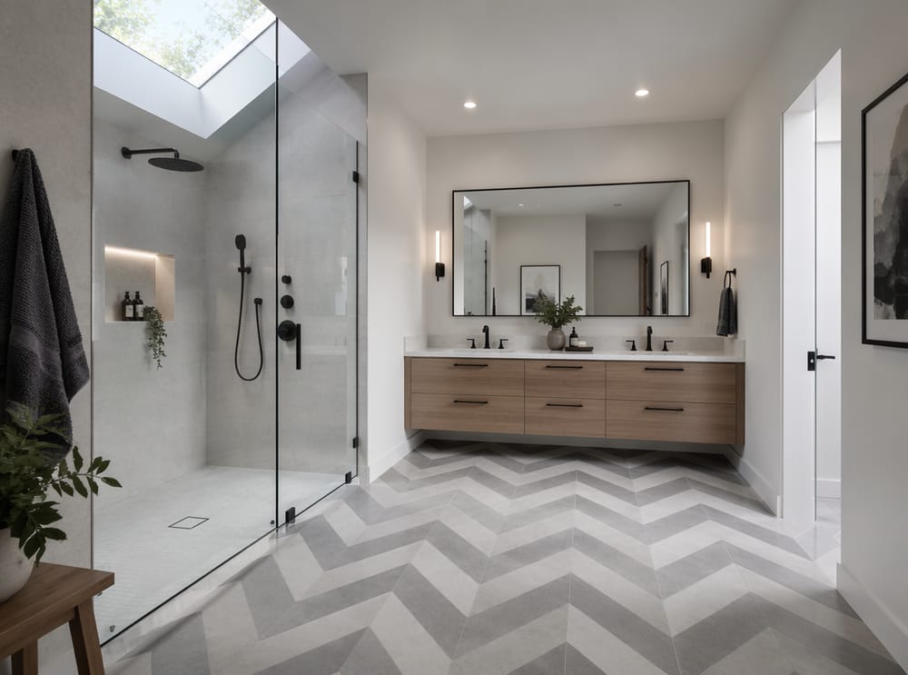Baldosa gris en chevron dirige la mirada al lavabo