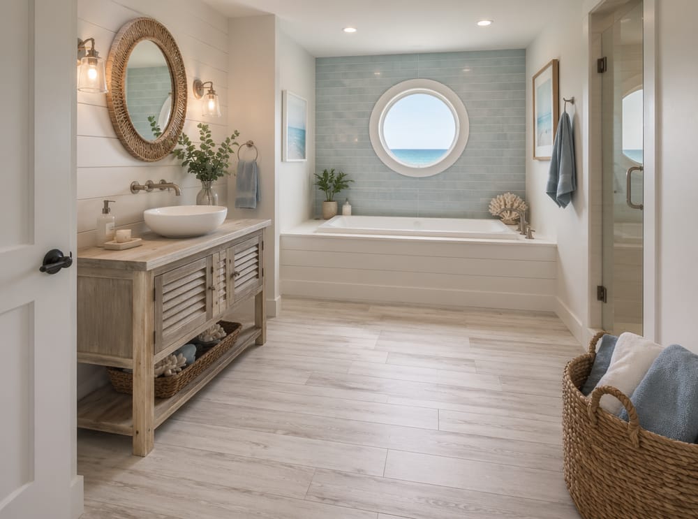 Baldosa imitación tablón blanqueado en baño costero