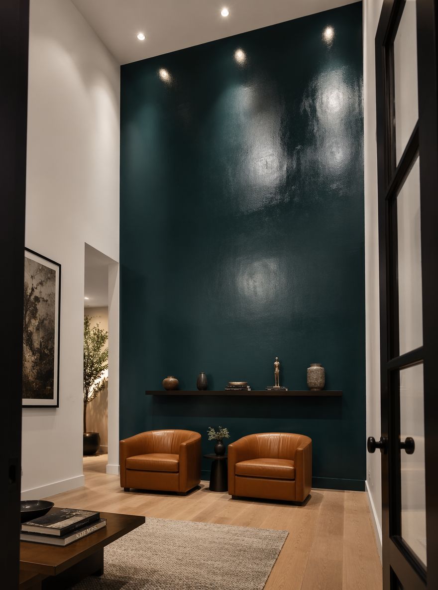 Parete teal lucido con poltrone in pelle cognac