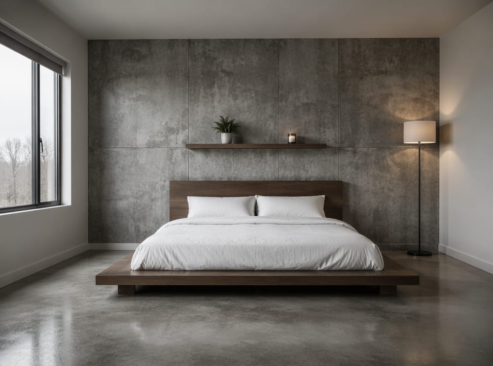 Betongeffektpanel med minimalistisk flytende hylle over
