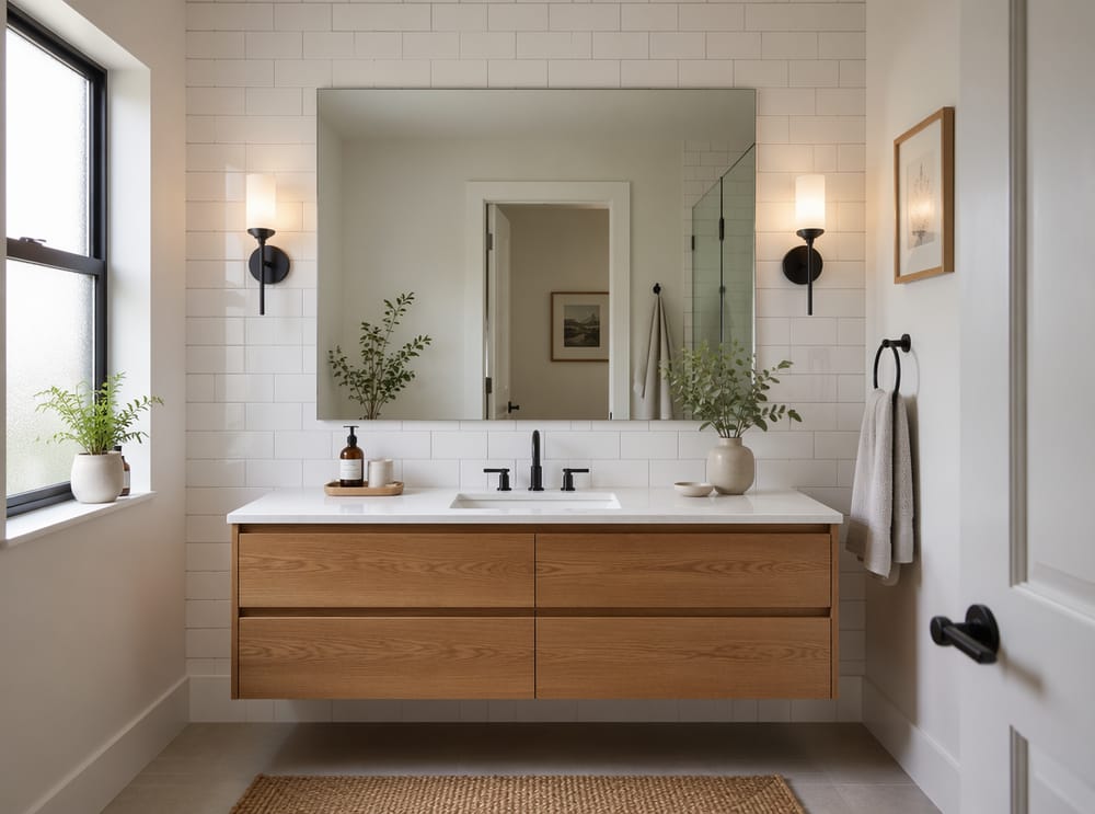 Frameless mirror above floating oak vanity