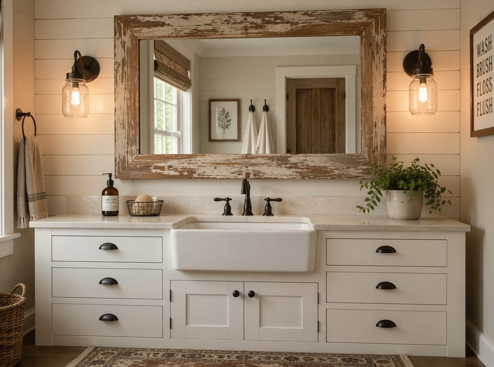 Distressed wood frame above farmhouse sink