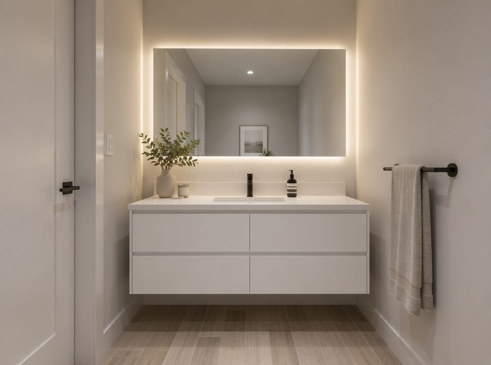 Backlit LED mirror above wall-hung vanity
