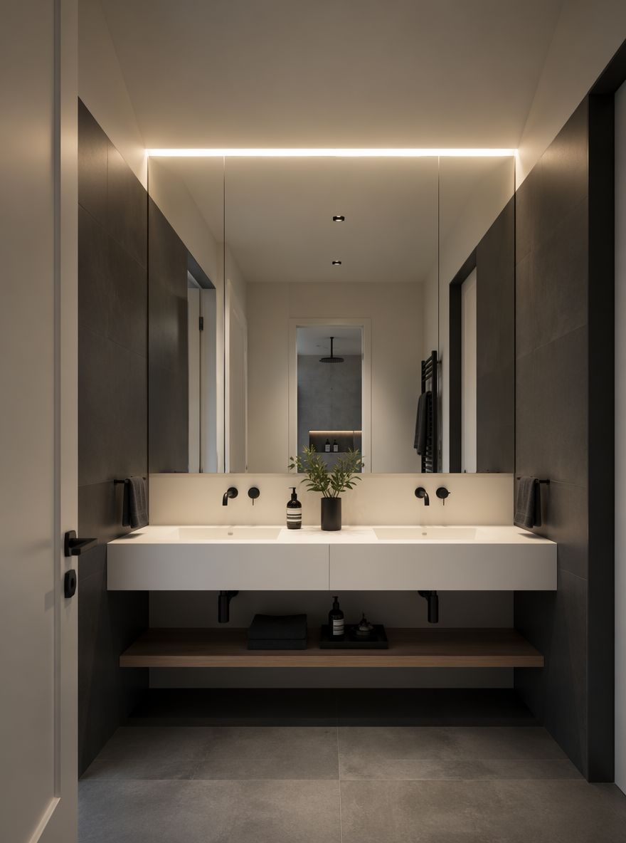 Full-wall frameless mirror panel, charcoal tile surround