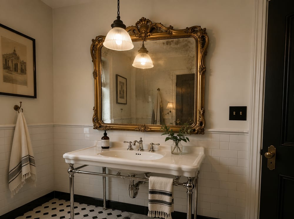Ornate gilt frame over console sink
