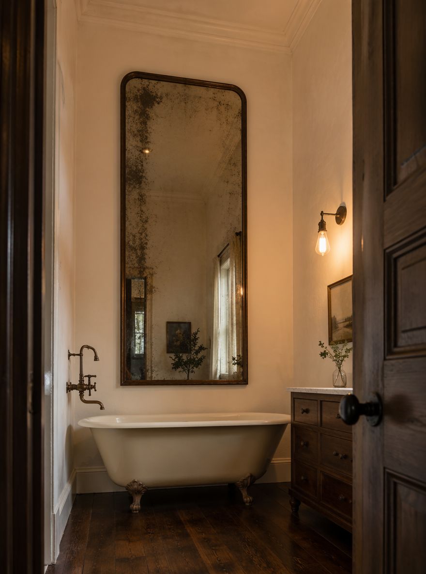 Foxed antiqued mirror beside clawfoot tub