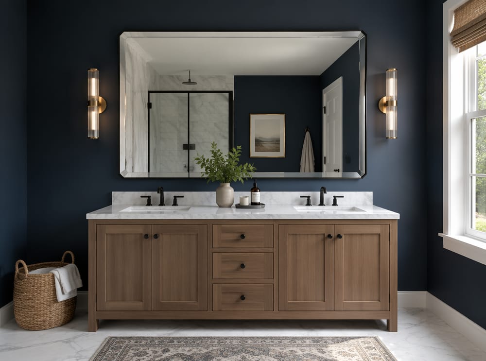 Beveled black-framed mirror on navy vanity wall