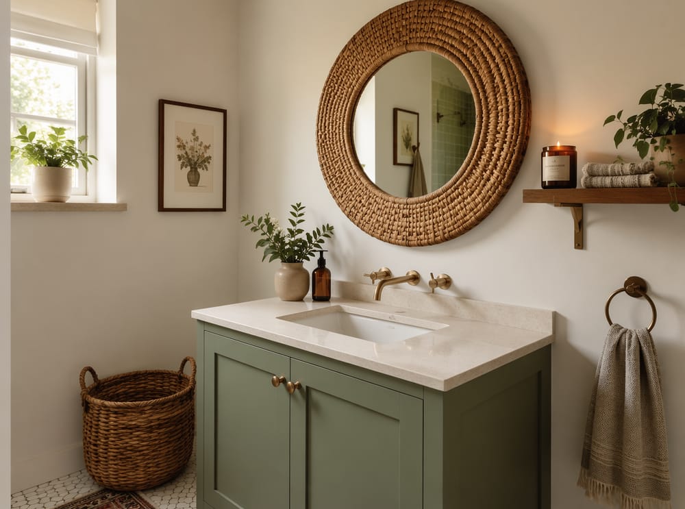 Rattan-framed round mirror above sage vanity