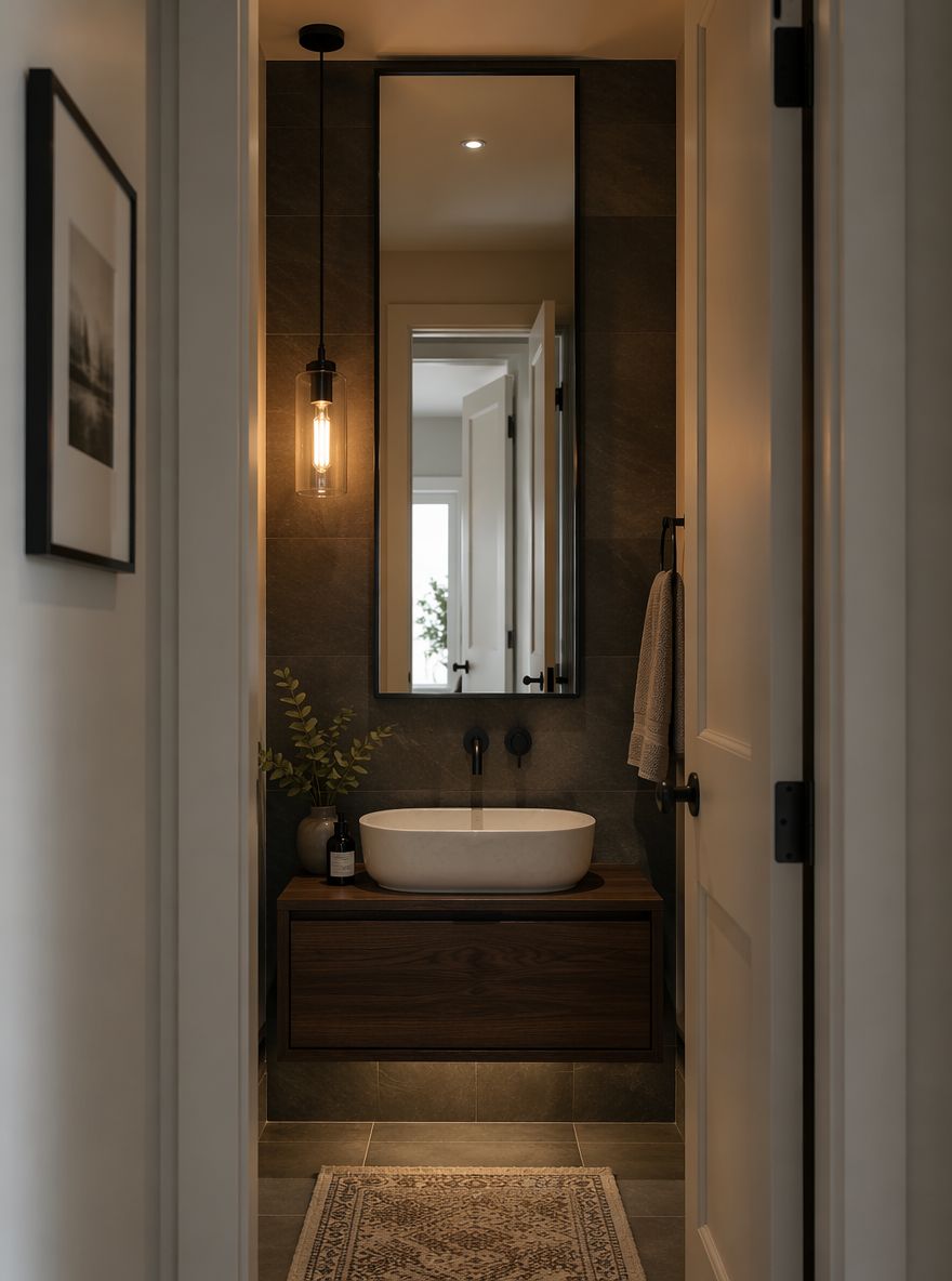 Full-length black-framed mirror creating depth