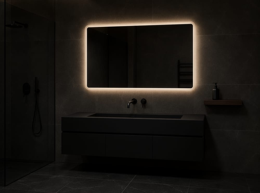 Backlit frameless mirror above black trough sink