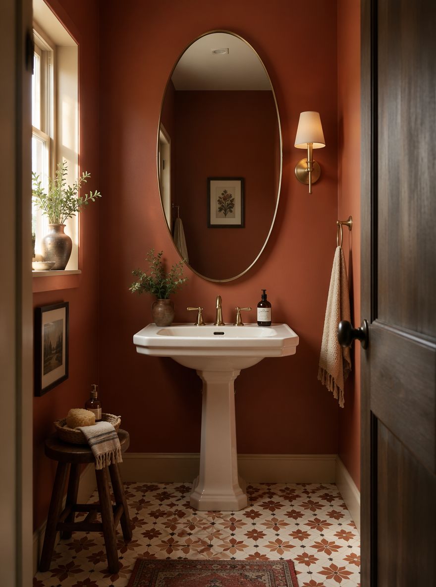 Oval brass mirror on terracotta wall