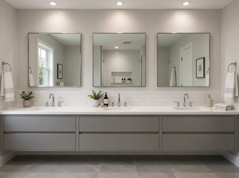 Three square mirrors above grey triple vanity