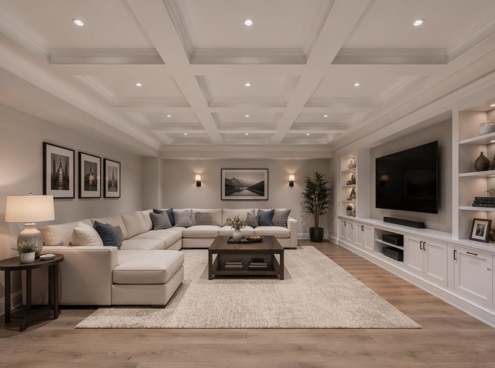 Soffitto a cassettoni in MDF bianco con faretti centrali