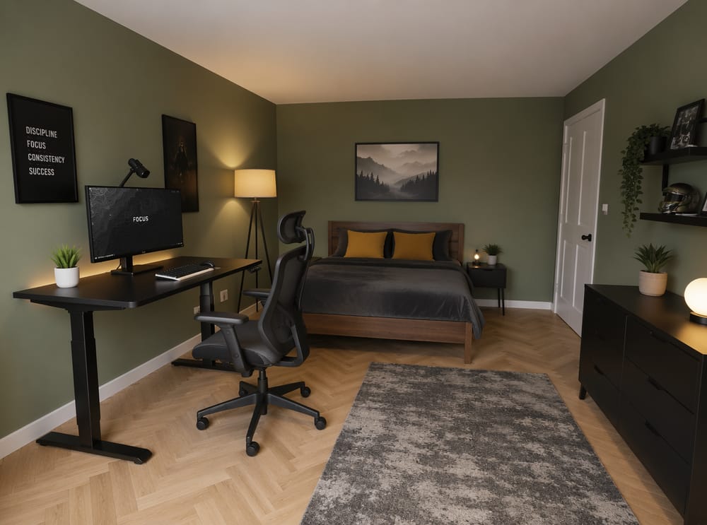 Escritorio ajustable junto a cama con acento mostaza