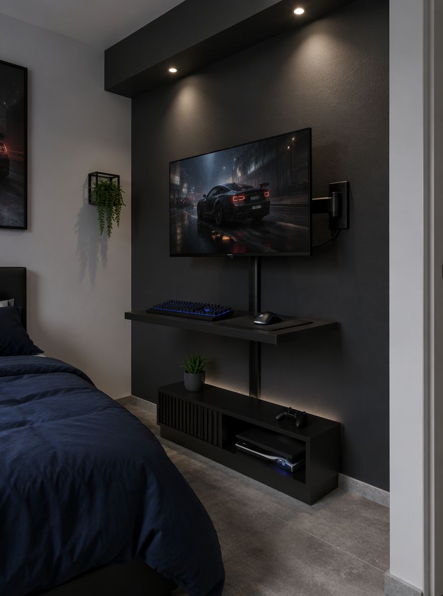 Monitor montado en pared con repisa flotante debajo