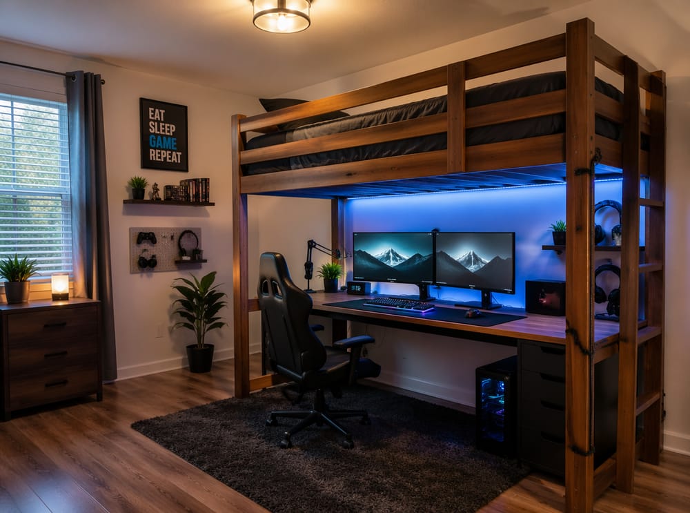 Cama tipo loft con escritorio gamer completo debajo