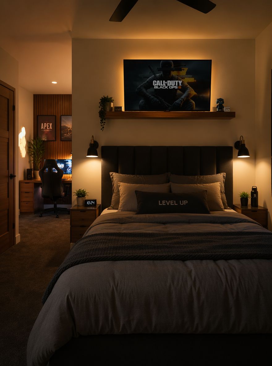 TV con luz ambiental sobre cabecera tapizada para ver desde la cama