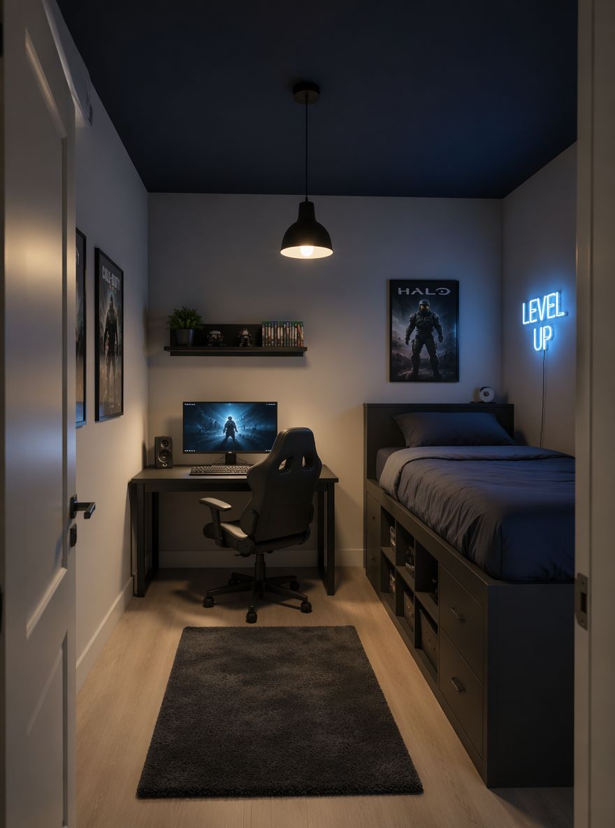 Techo azul marino sobre cama loft con almacenamiento compacto