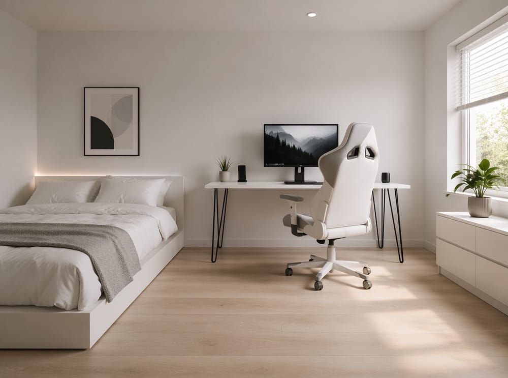 Escritorio minimalista blanco con caja de cables oculta