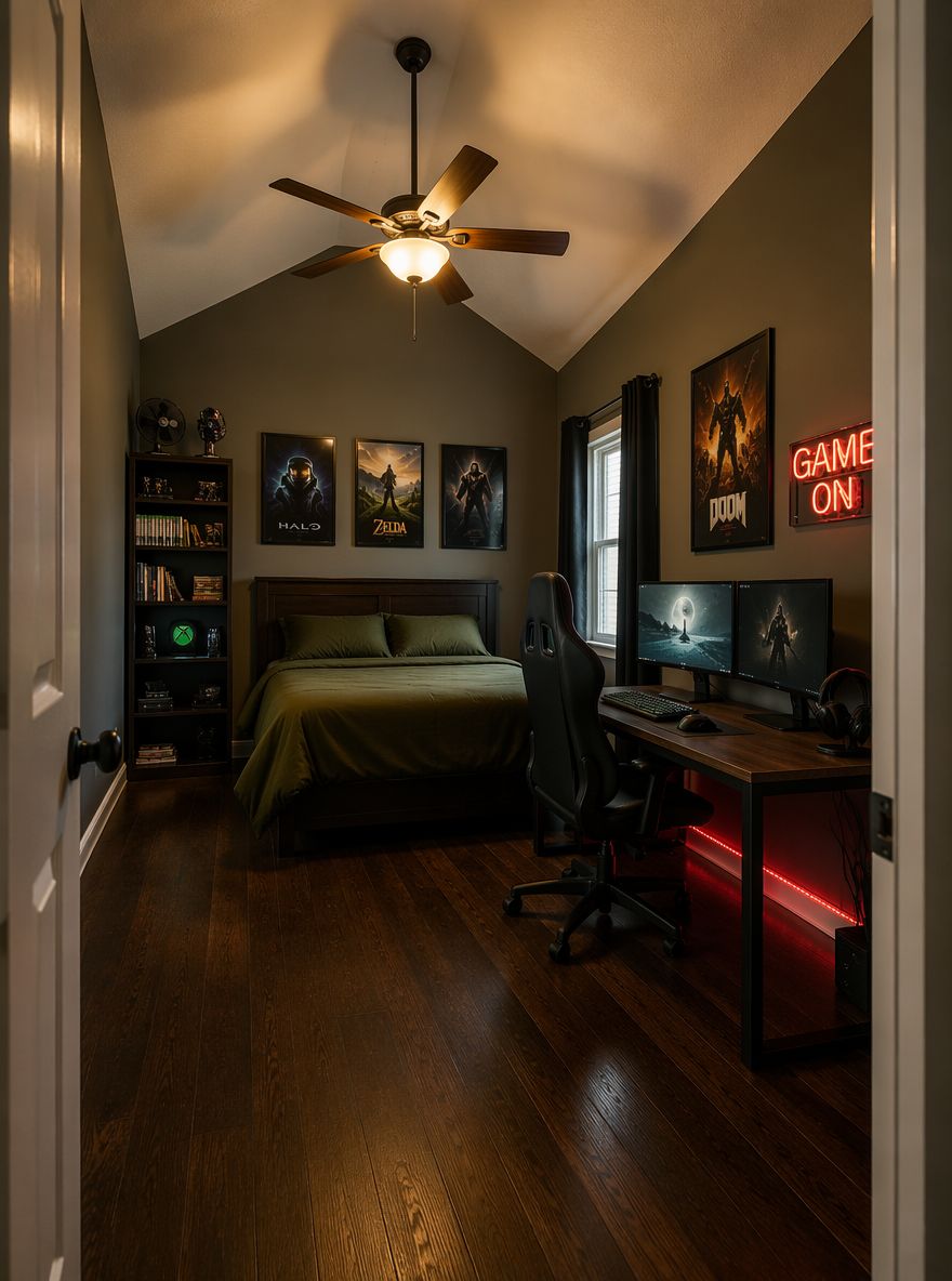 Habitación con techo abovedado, escritorio de nogal y base LED roja