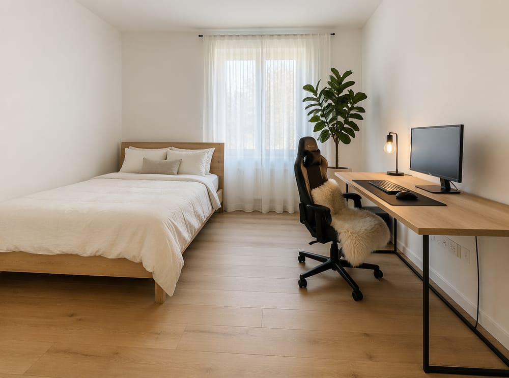 Escritorio de abedul y silla de piel de oveja en ambiente escandinavo