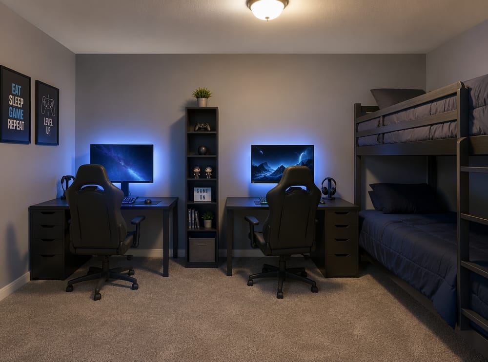 Dos escritorios gamer lado a lado con cama tipo litera